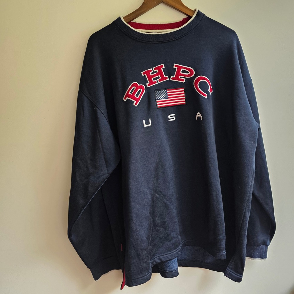 Beverly Hills Polo Club Sport Y2K Preppy Navy Blue USA Flag Sweatshirt XL